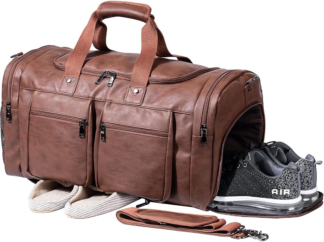 Large Leather Weekender Travel Duffel Bag with Shoe Pouch, Waterproof