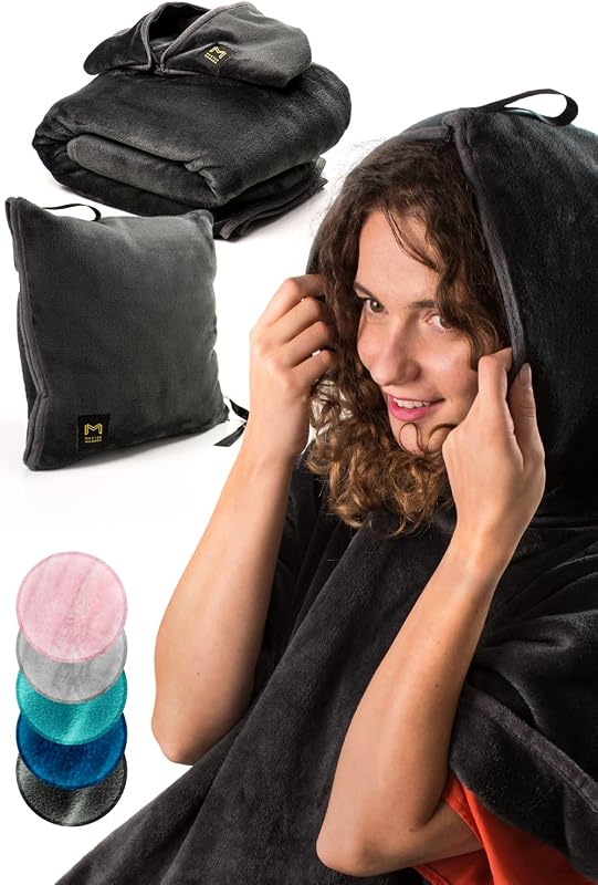 2-in-1 Compact Airplane Travel Blanket with Hoodie, Pillow Conversion,