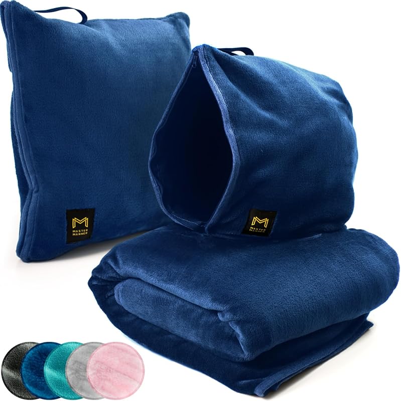 Compact Airplane Travel Blanket with Hoodie, Pillow Conversion, Luggag