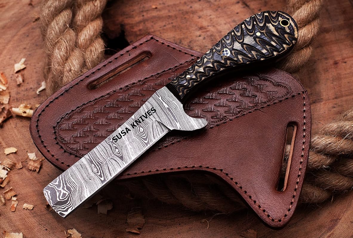 Handmade Damascus Steel Bull Cutter Knife with Wood Handle and Leather Sheath Gift for Men Outdoors