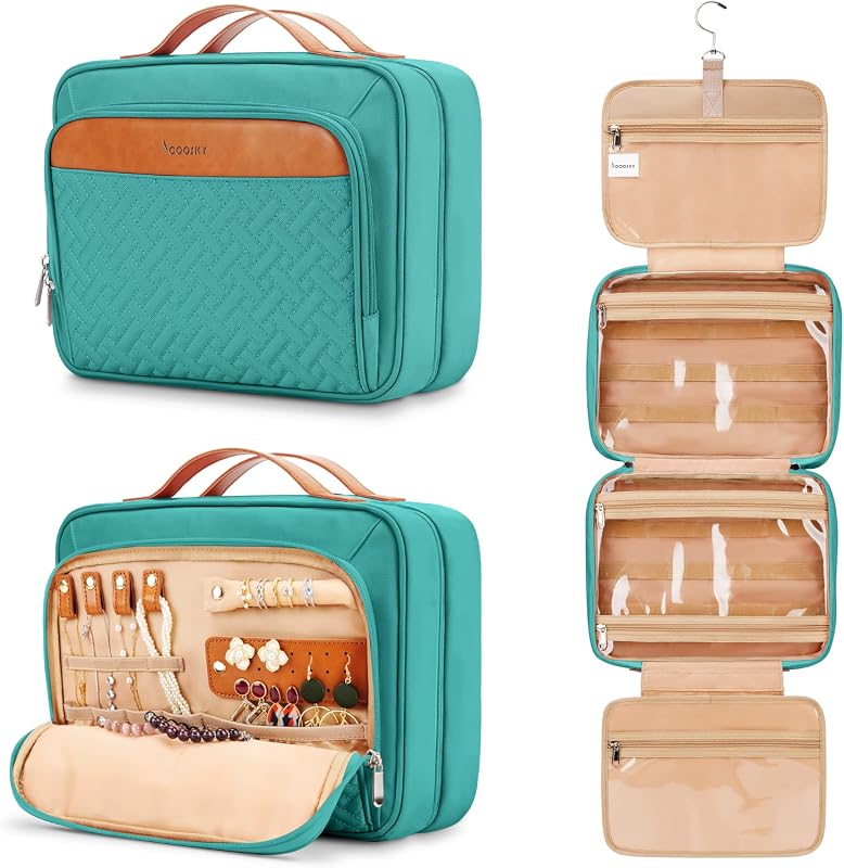 Extra Large Hanging Travel Toiletry Bag with Jewelry Organizer and Tro