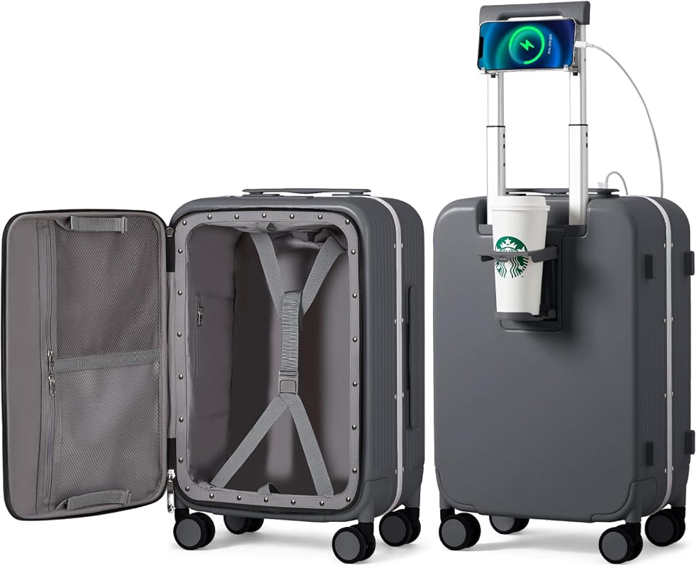 mixi 20 Inch Carry On Luggage with Cup Holder, USB Charger, and Durabl