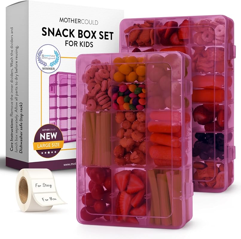 Large Kids Reusable Snack Box Containers Set with 100 Labels and Adjus