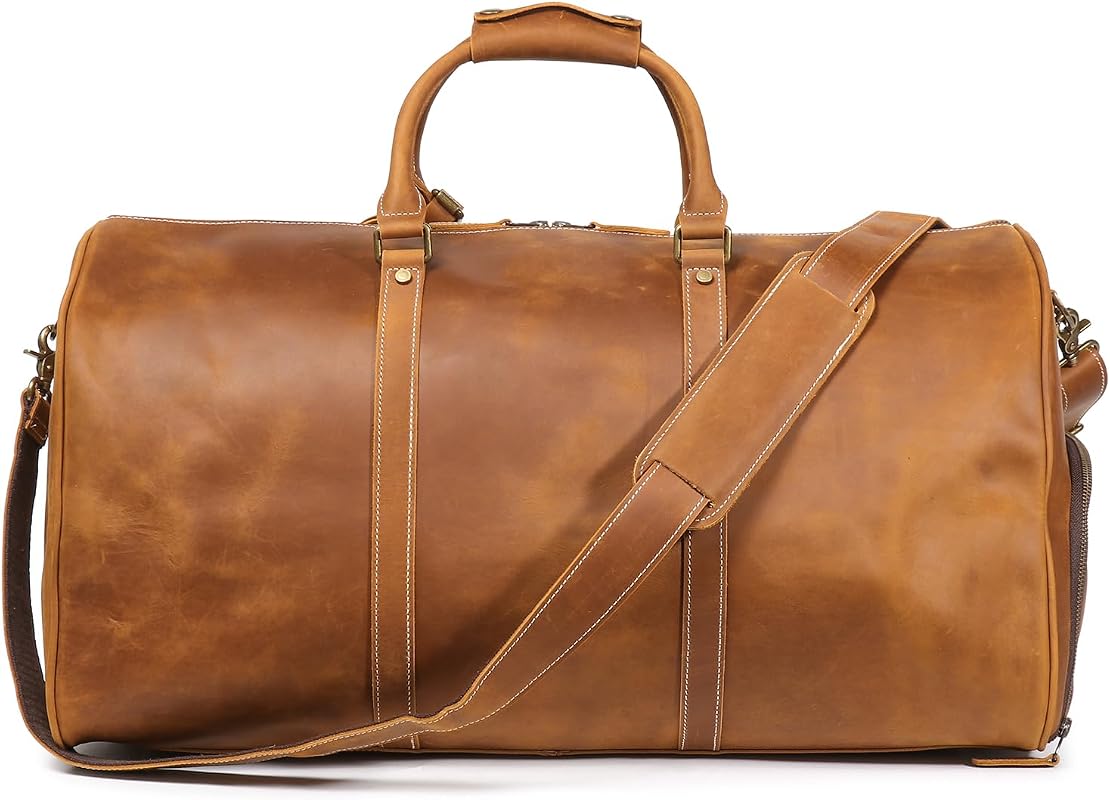 Vintage Brown 24 Inch Leather Weekend Travel Duffle Bag with Shoe Comp