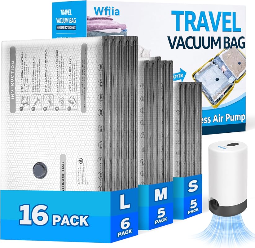 16-Piece Vacuum Seal Storage Bag Set with Rechargeable Pump for Clothi