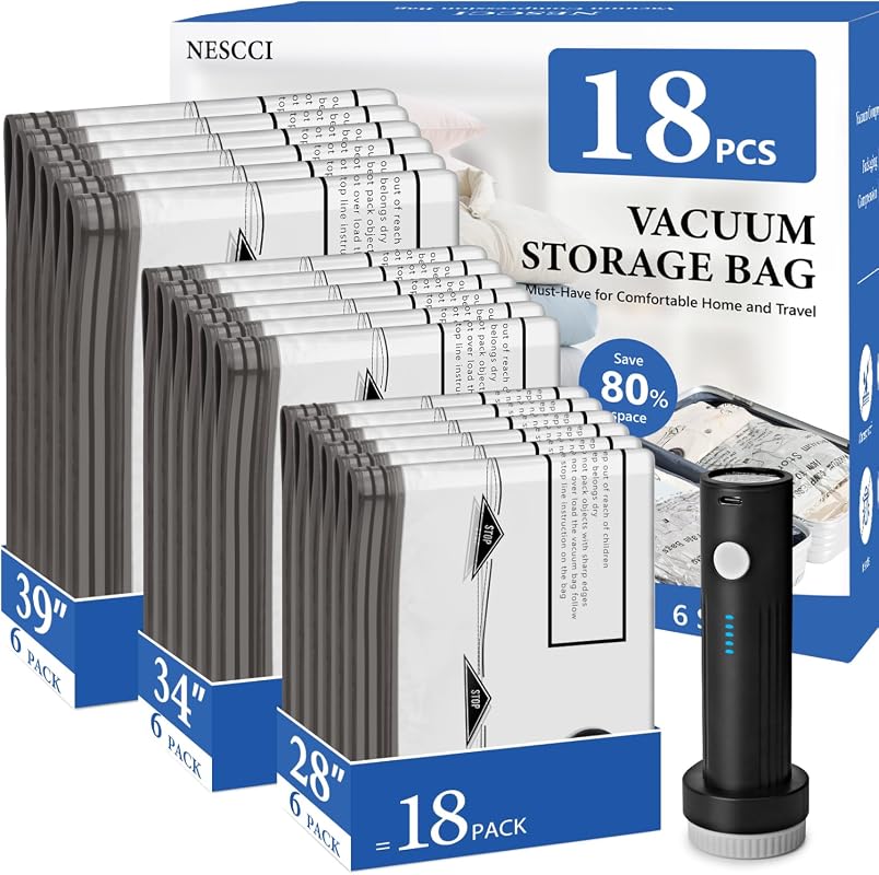 18-Pack Vacuum Storage Bags for Clothing and Travel with Portable Rech