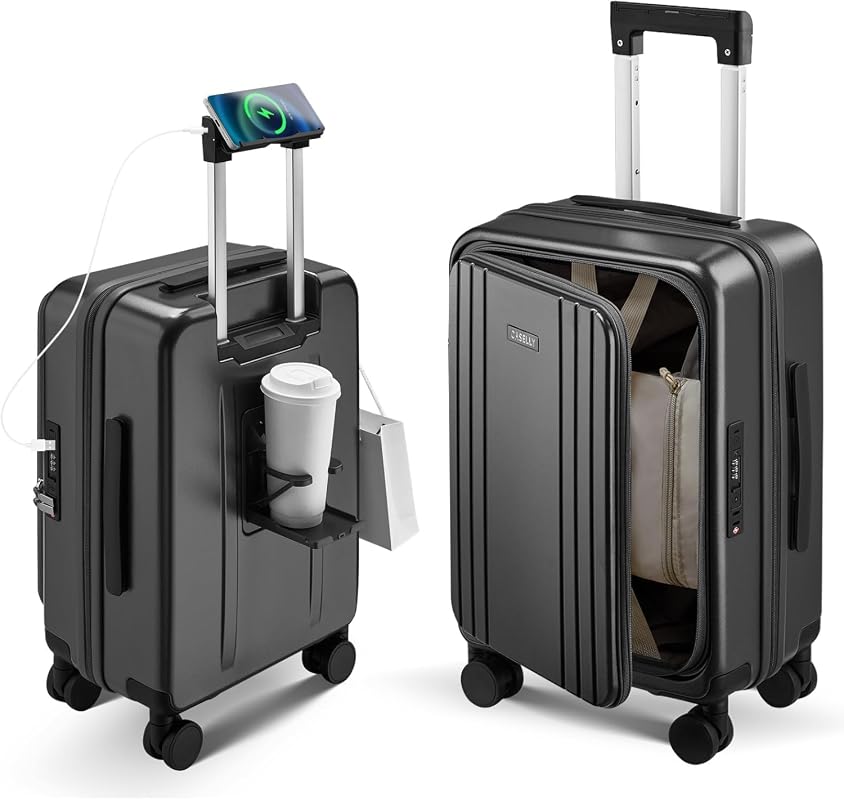Expandable Hardshell Carry-On Suitcase with Cup Holder, USB Charging P