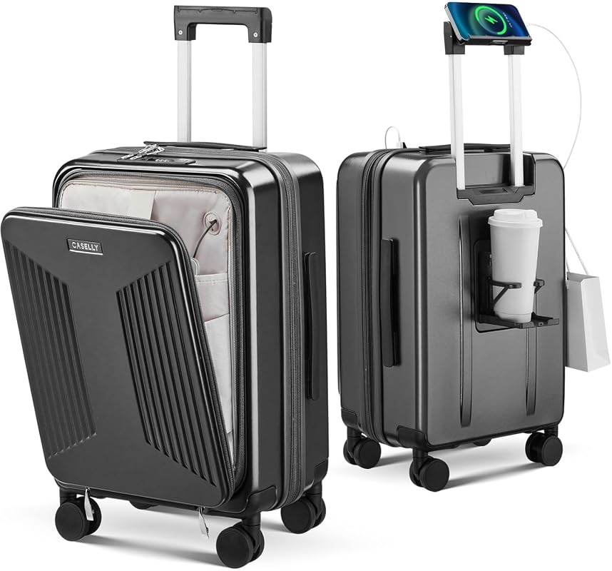 Expandable Carry On Luggage with Top Opening, Cup Holder, USB Charging