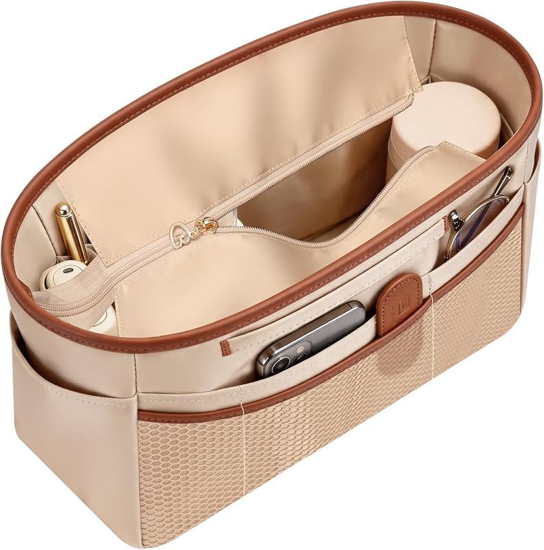 GIVLEFLY 14.5-Inch Satin Purse Organizer Insert with Zippered Pockets