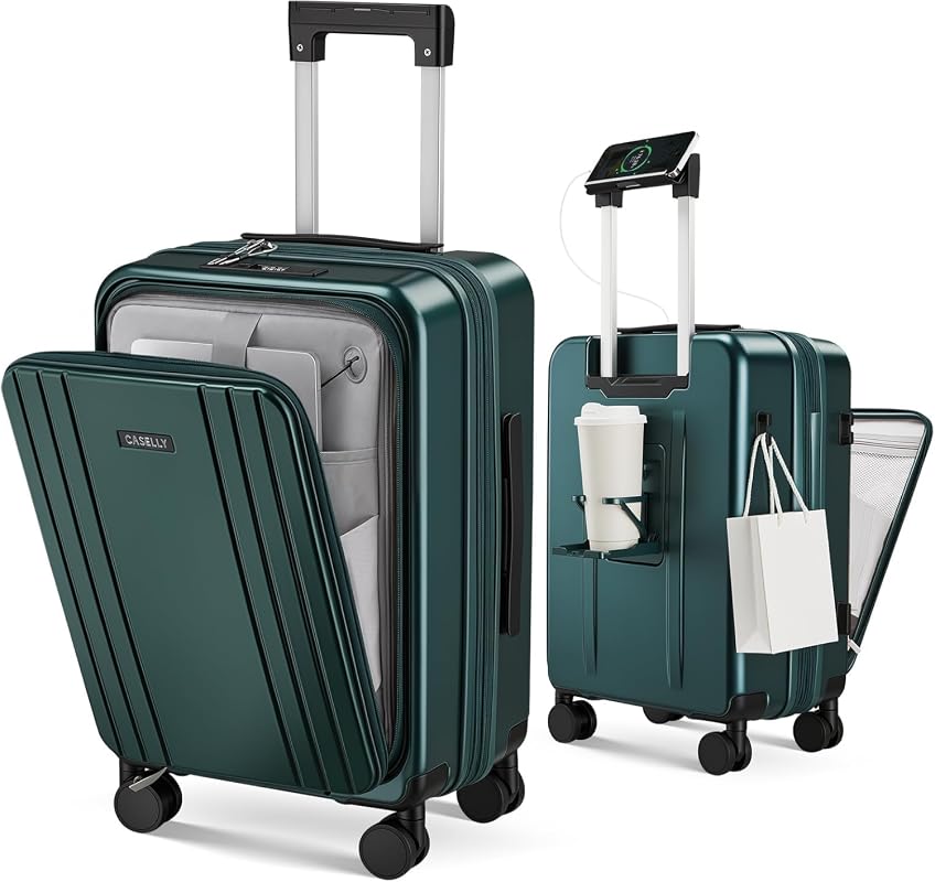 Expandable Carry On Luggage with Front Pocket, Cup Holder, USB Port, a