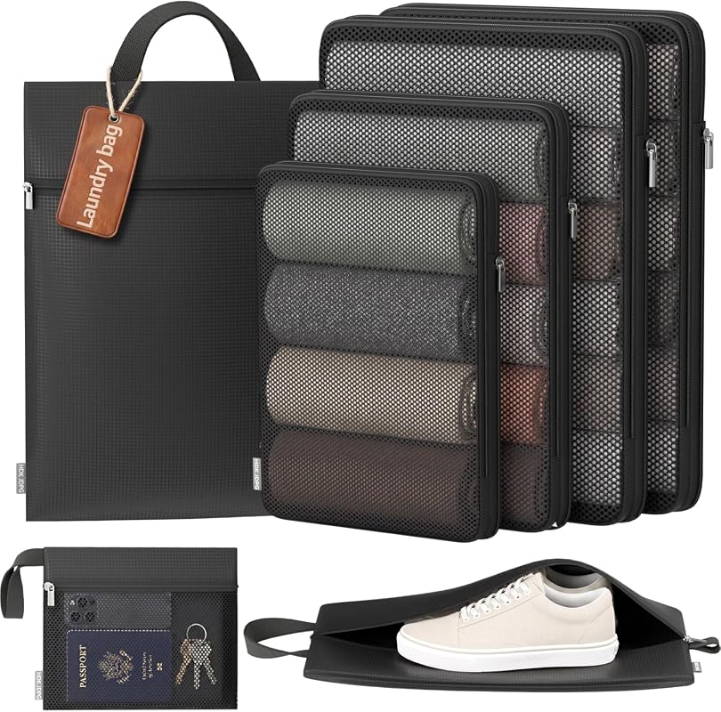 7-Piece Compression Packing Cubes Set for Travel Luggage with Shoe Bag