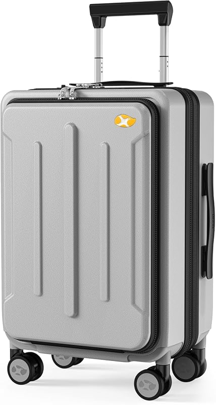 Silver Carry On Luggage with Front Laptop Pocket, USB Port, Expandable