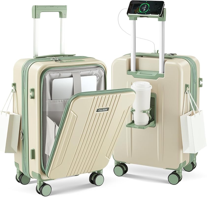 Expandable 20 Inch Carry On Luggage with USB Port, Cup Holder, and Fro