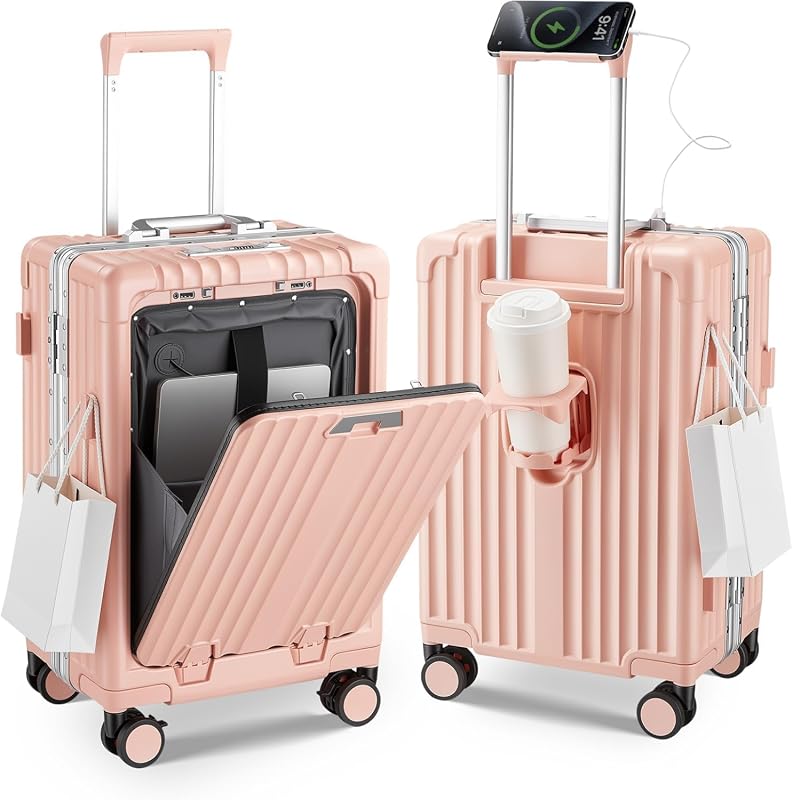 Premium Aluminum Frame Carry-On Luggage with Front Pocket, USB Port, C